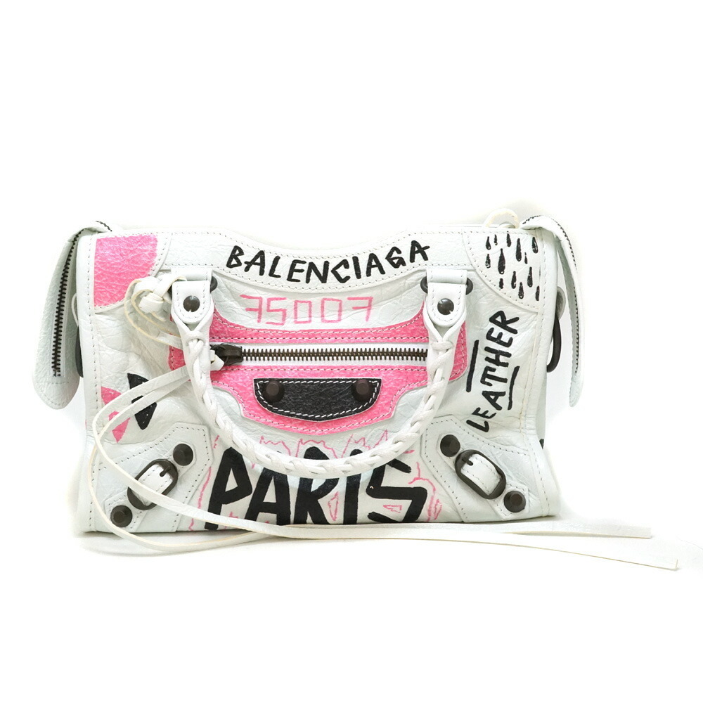 Balenciaga City Graffiti Handbag Leather White Pink Black Mirror